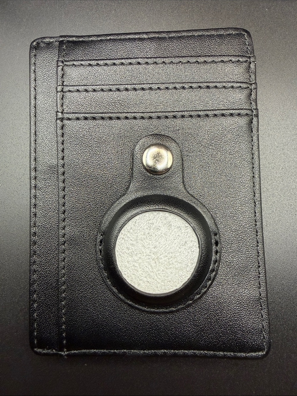 Slim Black Leather Card Holder with Metal Snap and AirTag Pocket (T1)